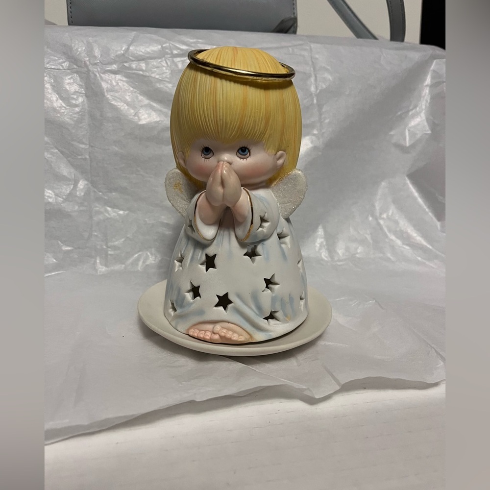 Vintage Halkmark Ceramic Bisque Angel Votive Cover with Star Cutouts